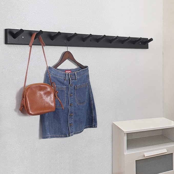 SKOLOO Wood Coat Rack Wall Mounted,10 Peg Long Bamboo Hook for Hanging Backpack Coat Towel Hat,16'' Hole to Hole,Black