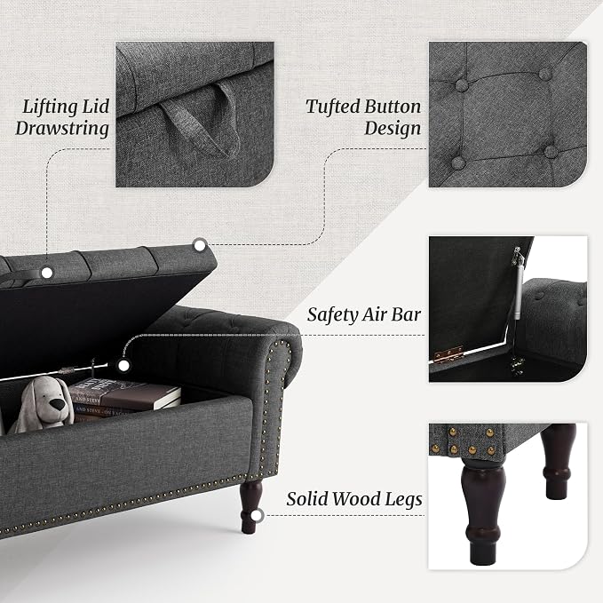 Storage Bench Ottoman, 61" Long King Linen Rolled Arm Bedroom End of Bed Bench, Window Bench with Button Tufted and Nailhead Trim for Foot of Bed Bench, Bedroom, Entryway, Living Room, Gray
