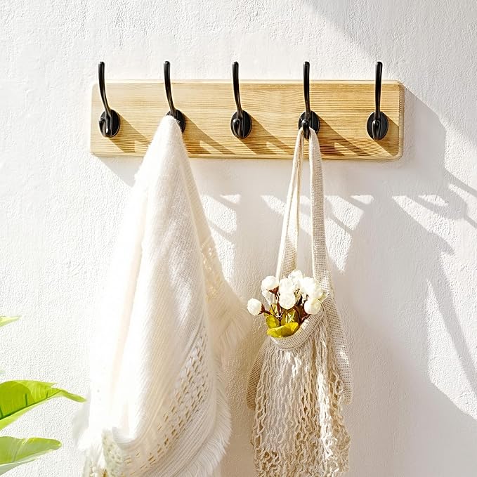 Coat Rack Wall: Patented, Heavy-Duty, 5-Double-Hooks Wooden Wall Mounted Coat Rack Coat Hanger Hook Rail for Winter Coats Hat Jacket Clothing, Light Brown, Pack of 2