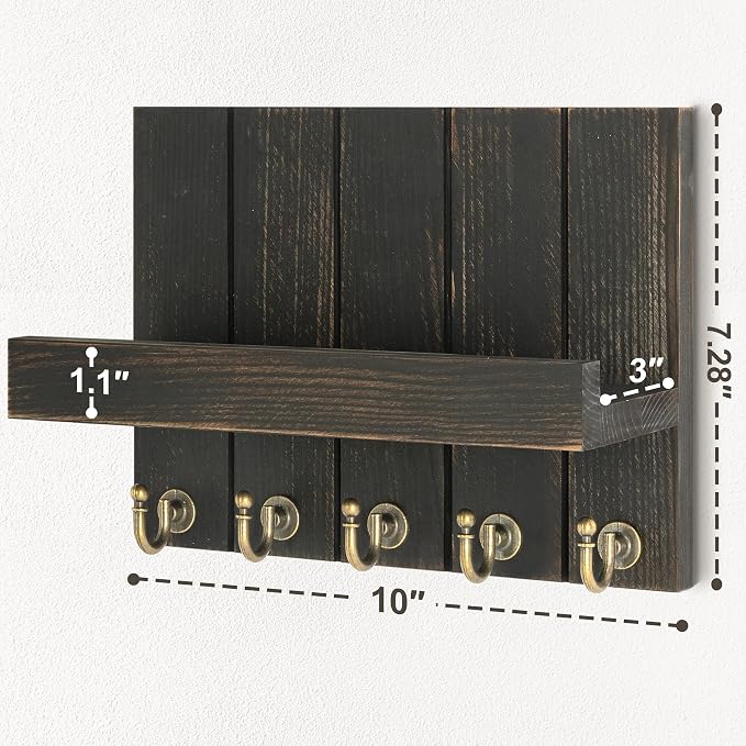 Rebee Vision Key Holder Wall Mount with Shelf for Office, Distressed Black | 3.54'' x 10'' x 7.28'', Pine Wood Construction, Farmhouse Key Holder for Wall, Mail Storage, Compact Space-Saving Design