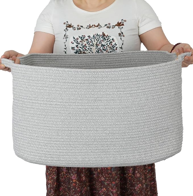 XUANGUO Large Rectangle Woven Cotton Rope Blanket Basket 22"x17"x12" Gray | Storage basket for nursery and living room; toy basket for kids, dog toy storage, or laundry basket for clothes and towels.