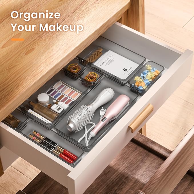 【Military Grade】A-LuGei Drawer Organizer,【𝟱𝗦𝗶𝘇𝗲】Makeup organizer,【Holds 177 Items】Bathroom Organizers and Storage,Organization and Storage,Desk Drawer Organizer for Vanity【Clear Black】