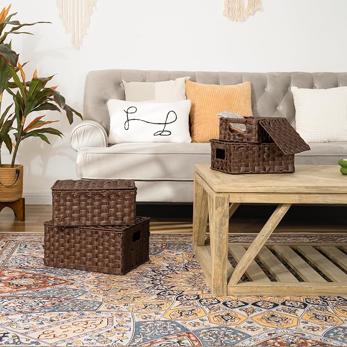 Granny Says Wicker Basket With Lid, Decorative Storage Baskets For Shelves | Woven Baskets With Lids, Wicker Baskets For Storage, Decorative Storage Boxes, Woven Stackable Basket with Lid for Organizing