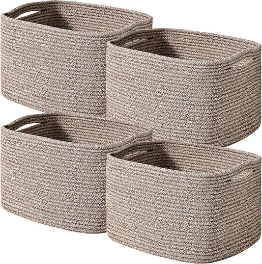 ICERZCZ Storage Baskets for Shelves Organizing, Woven Cotton Rope Baskets for Storage, Book Basket, Decorative Shelf Basket, 12.5"Lx9.1''Wx7.9''H (4 Packs) Dark Brown