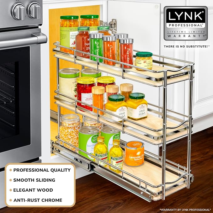 LYNK PROFESSIONAL® Élite™ Pull Out Spice Rack Organizer for Inside Kitchen Cabinets - 6" x 21" - Slide Out Drawer – Wood/Chrome Sliding Spice Organization for cabinet - Spice Racks - 6 Tier