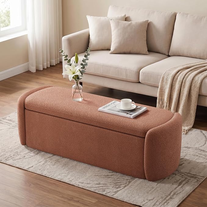 VKNOW Storage Bench, Upholstered Storage Ottoman Bench with Hinge, Rust Red | Ottoman Bench with Large Capacity, Curved Frame, King Size Bench, Storage Bench for Bedroom, Living Room, Entryway, Window
