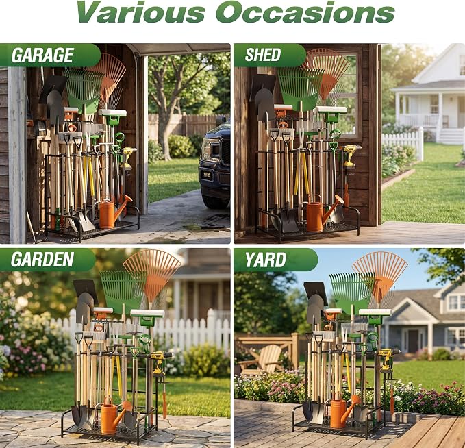Sttoraboks Garden Tool Organizer Rack Up to 39 Tools, Heavy-Duty Steel Yard Tool Organizer for Garage Storage with 12 Hooks, Broom Holder & Garden Tool Rack for Shed, Patio, Outdoor Storage, Black