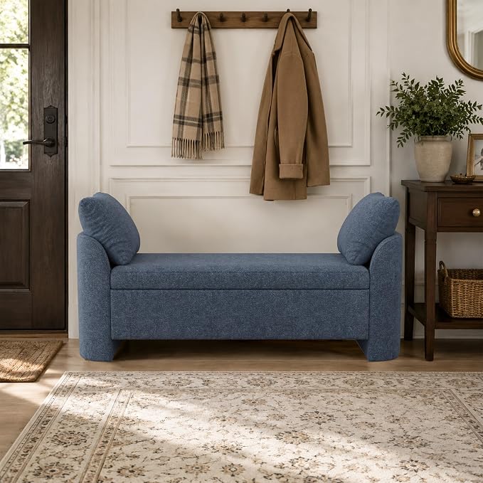 Usaint 58.3" Upholstered Storage Ottoman Bench with 2 Throw Pillows, Blue | End of Bed Bench with Curved Arms and Thickened Seat Cushion for Bedroom, Livingroom, Window, Entryway and Dressing Areas