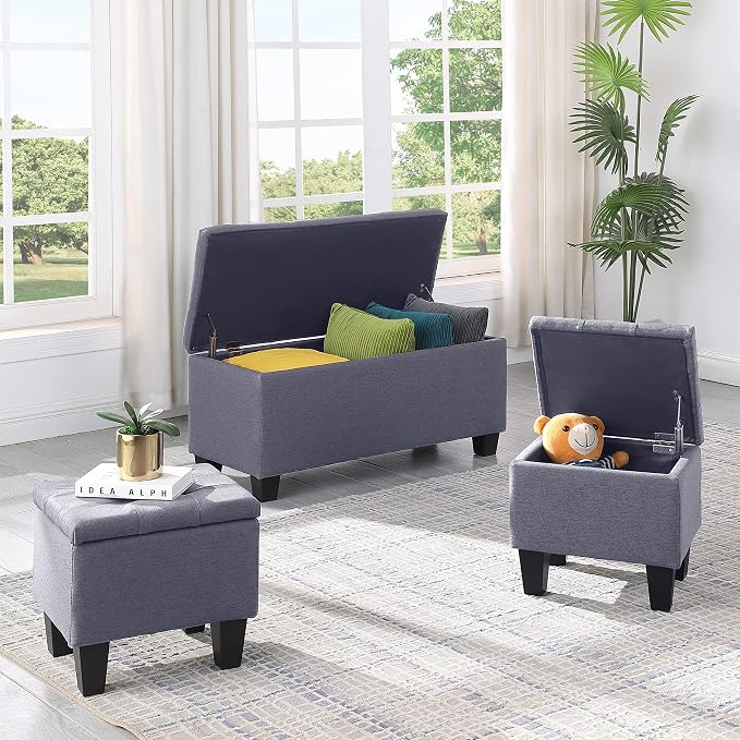 38'' Hinged Storage Ottoman w/Small Foot Stools, Set of 3, Grey | No Tools Assembly, Classical Tufted Cushion Top, Soft Linen Fabric, Large Store Capacity, for Entryway, Window, End of Bed