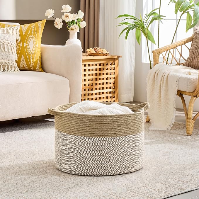 KAKAMAY Large Blanket Basket with Handles, Storage Basket for Living Room | Extra Large Capacity | Natural Cotton Rope | Blanket Storage | Woven Storage Basket | Stuffed Animal Storage | Laundry Basket