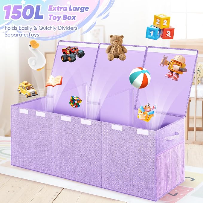 Extra Large Toy Box, Collapsible Toy Storage Organizer, 40"x16"x16", Purple | Sturdy Kids Toys Bin Chest with 2 Pockets and Dividers for Boys Girls, Dust-Proof, Nursery Bedroom Organization