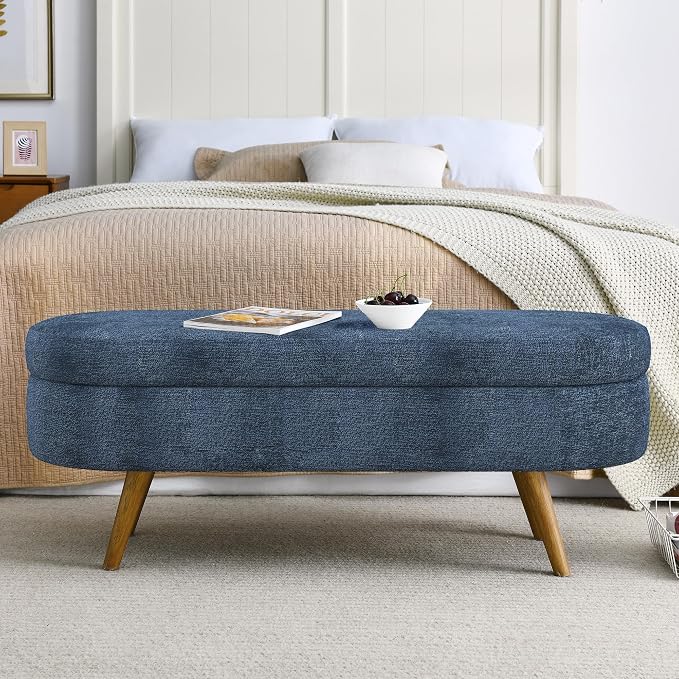 43.5” Storage Ottoman Bench，Upholstered Oval End of Bed Bench for Bedroom | Modern Linen Ottoman with Storage, Entryway Foot Rest with Wooden Leg, Lift-Top Lid with Safety Hinge, Living Room, Dark Blue