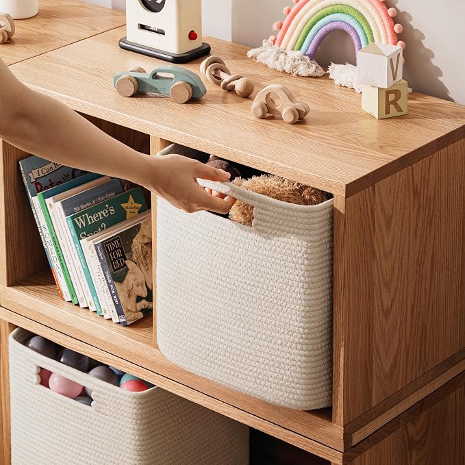 UBBCARE Set of 3 Cotton Rope Basket 11 X 10.5 X 10.5 Inches, Woven Storage Baskets for Shelves, Organizing with Handles, Cube Storage Bins for Storage Books, Magazines, Beige
