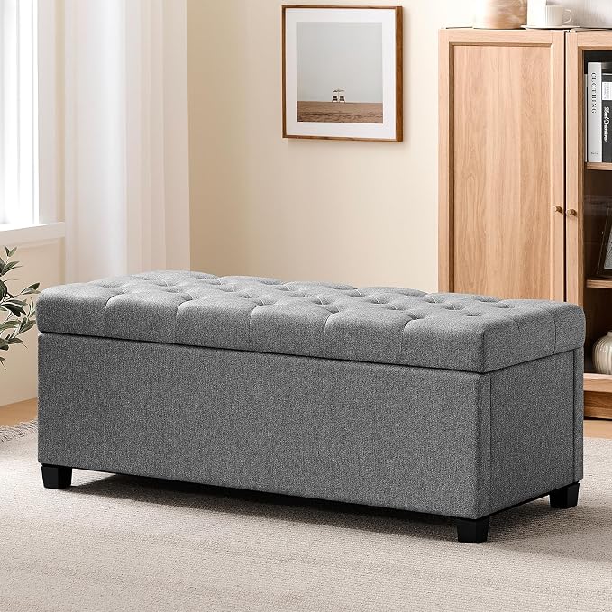 Living&Giving Storage Ottoman Bench for Bedroom, 47.2", Grey | 47.2-inch storage ottoman with safety hinge, tufted upholstered seat and spacious hidden storage for everyday organization.