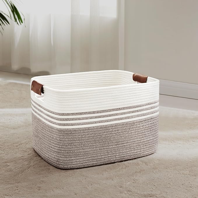 45L Woven Laundry Basket Hamper with Leather Handles,Dark Brown | collapsible wicker hamper, storage for dirty clothes, toys, blankets, gifts, living room, bedroom, bathroom, 18"x14"x11"