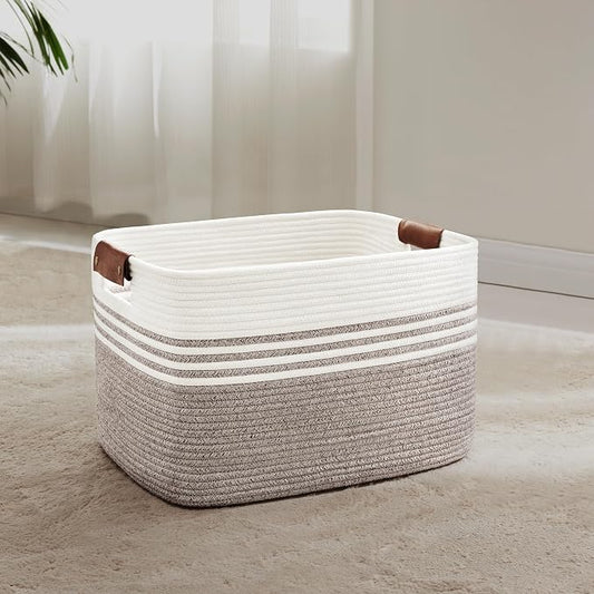 45L Woven Laundry Basket Hamper with Leather Handles,Dark Brown | collapsible wicker hamper, storage for dirty clothes, toys, blankets, gifts, living room, bedroom, bathroom, 18"x14"x11"