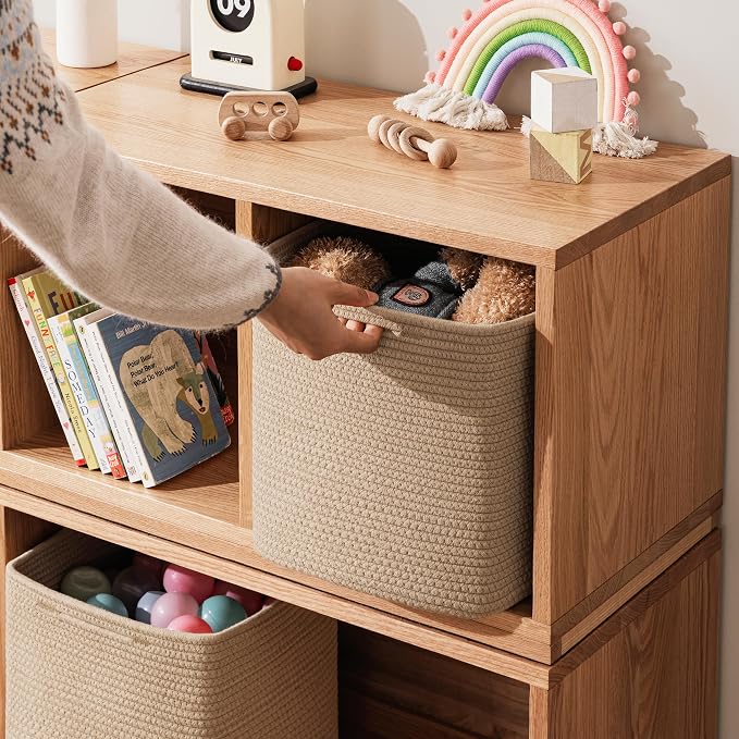 joybest 13inch Cube Storage Bins, Cotton Rope Woven Organizer Basket | Set of 4 Cube Bin Square Shelves Organizer Closet Storage, Nursery, Toy Organization, Brown