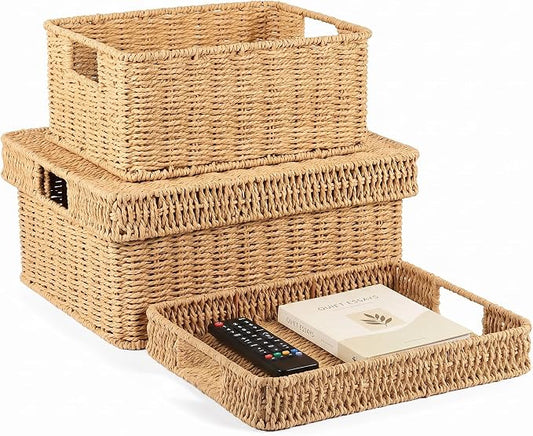 Wicker Storage Baskets with Lids for Shelves, 2-Basket Set, Natural | Two rectangular wicker baskets with removable lids, large and medium, for decorative shelf storage; lids flip into trays.