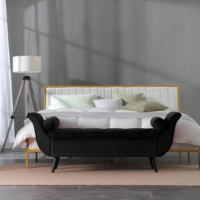 Velvet Storage Bench 65" Tufted End of Bed Ottoman with 2 Pillows (Black)