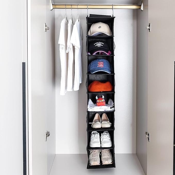 Berdeng Hanging Shoe Organizer for Closet with Side Mesh Pockets，Hat Racks for Baseball Caps，Shoe and Hat Holder & Storage，8-Shelf，Black，1 Pack