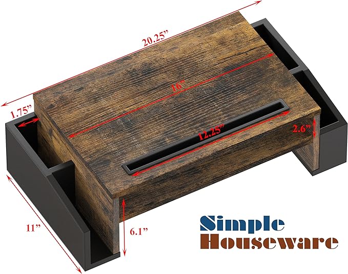 Simple Houseware Desk Monitor Stand Riser w/ Adjustable Tray, Rustic Brown | Built-In Tablet Slot and Side Storage