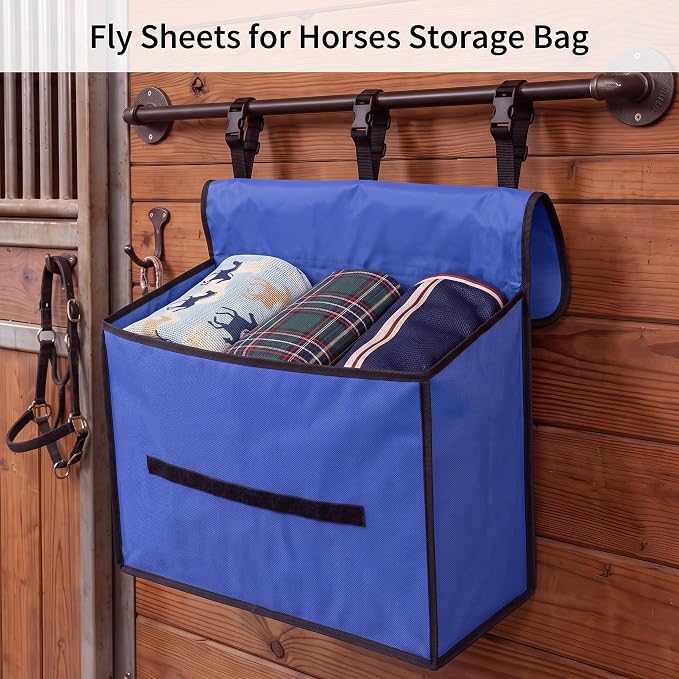 Horse Blanket Storage Bag, 600D Waterproof Oxford Fabric 23 x 19 x 9 in Stall Front Organizer, Heavy Duty Hanging Dustproof Horse Blanket Holder Accessories (Blue)