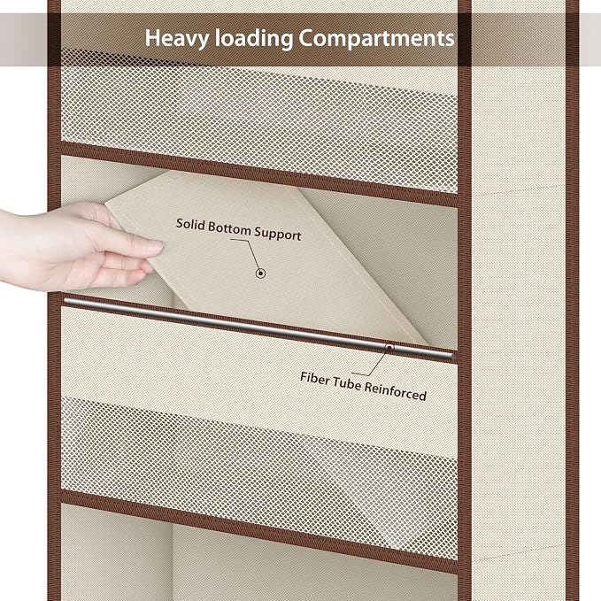 Univivi Fabric Over Door Hanging Organizer for Baby Nursery, Beige, 5-Shelf | Door Storage with Large Capacity Breathable Mesh Pockets, Over the Door Organizer for Baby Essential, Bedroom and Dorm