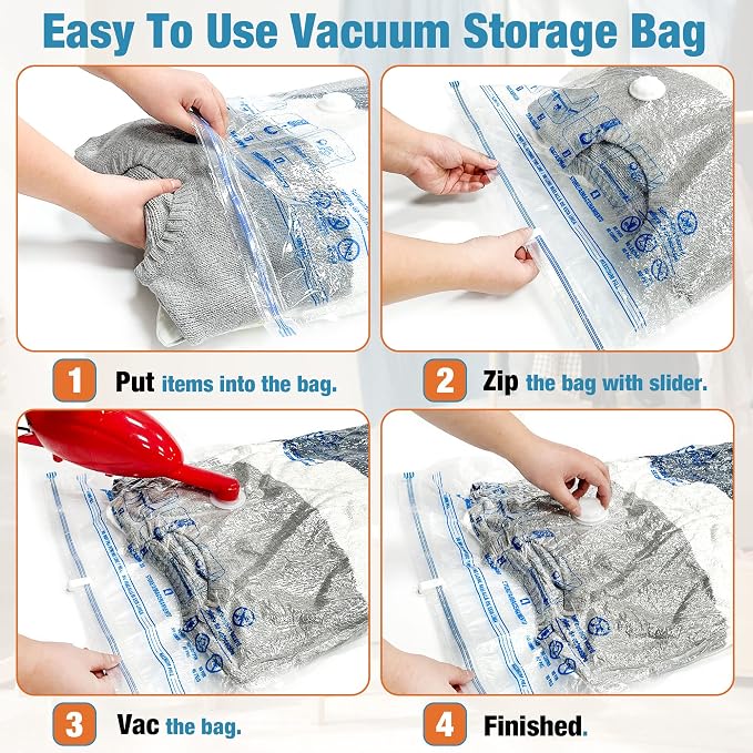 Vacuum Storage Bags, 10 Small Space Saver Vacuum Seal Bags, Space Bags, Vacuum Sealer Bags for Clothes with Travel Hand Pump (10S) | Home and Travel, Airtight Triple Seal, Save 80% Space, Hand Pump, Work with Vacuum, Double Zip, Reusable, Easy to Use