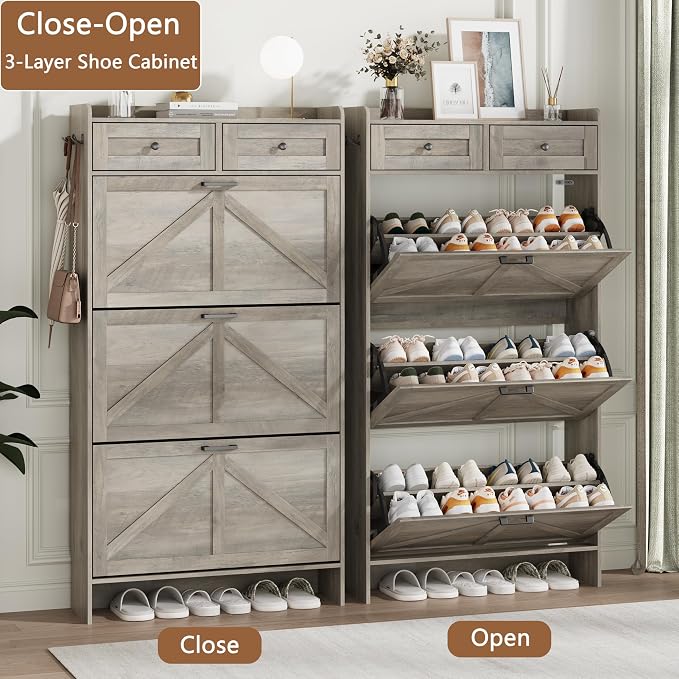 Shoe Cabinet with 3 Flip Drawers & 2 Top Drawers, 57" Tall Freestanding Narrow Wooden Shoe Storage Organizer for Entryway, Hidden Slim Shoe Rack for Front Door Entrance, Hallway, Living Room, Grey