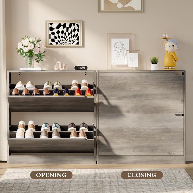 BORNOON Shoe Cabinet with 2 Flip Drawers, Slim Narrow Shoe Storage Cabinet, Freestanding Shoe Organizer with Adjustable & Removable Shelves, Top Display Shelf for Entryway, Hallway, Foyer, Closet