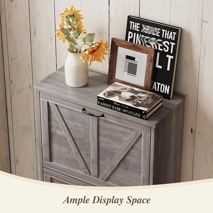 Semiocthome Farmhouse Shoe Storage Cabinet with 2 Flip Drawers, 23.6"(W) Freestanding Shoe Organizer with Barn Door and Metal Handles for Entryway, Rustic Narrow Slim Shoe Rack Cabinet - Washed Gray