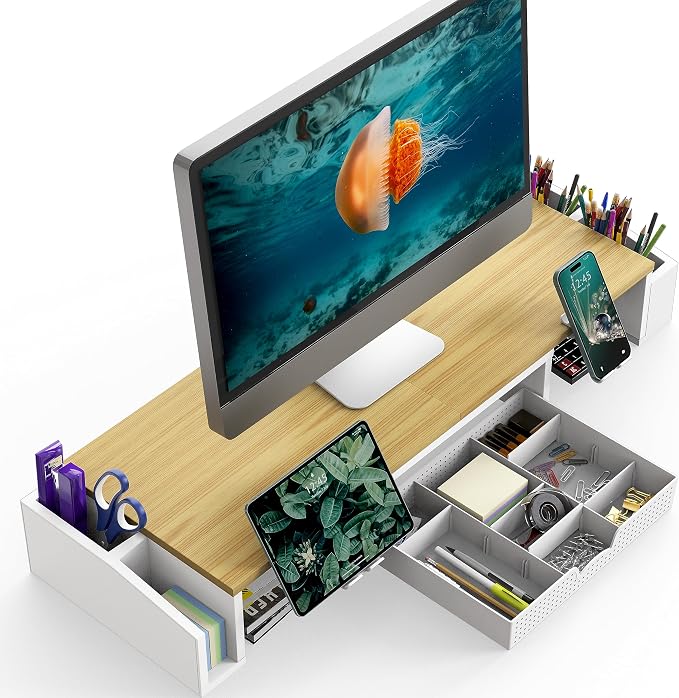 Simple Houseware Desk Dual Monitor Stand Riser with Drawer, Oak | Customizable Organizer Tray, Built-In Phone & Tablet Slot and Side Storage