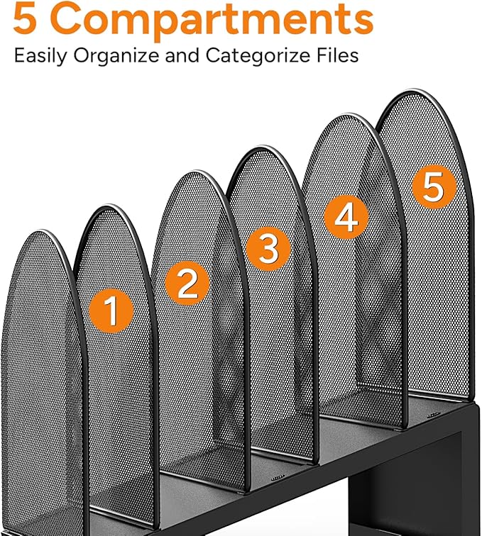 5-Section Desk File Organizer Metal Mesh Folder Organizer, Black | Metal Mesh Folder Organizer for Documents, Mail & Office Papers