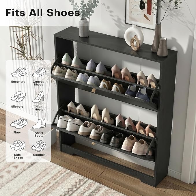 Nicetree Shoe Cabinet with 2 Flip Drawers, Entryway Shoes Organizer, Black | Narrow Shoe Organizer, Freestanding Shoe Rack Cabinet, Modern Shoe Storage Cabinet for Entryway, Hallway, Foyer, With Hook