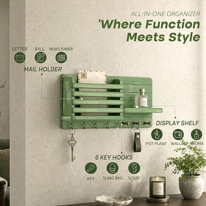 Rebee Vision Key Holder Wall Mount with 8 Key Hooks for Hoom Decor, Green | Key Holder for Wall, Mail Slot, Letter Storage, Mail Organizer, Key Hanger, Umbrellas, Floating Shelf, Home Organization