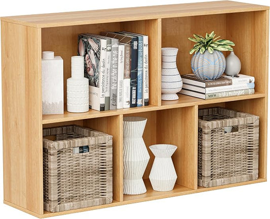 VDNEND Wooden Cube Storage Organizer with Closed Back Panel, 11in Cube Shelf Opening, Bookshelf, Display Shelf,Closet Cabinet for Home and Office (Natural Oak, 5-Cube 35.98L*9.45W*24.09H)