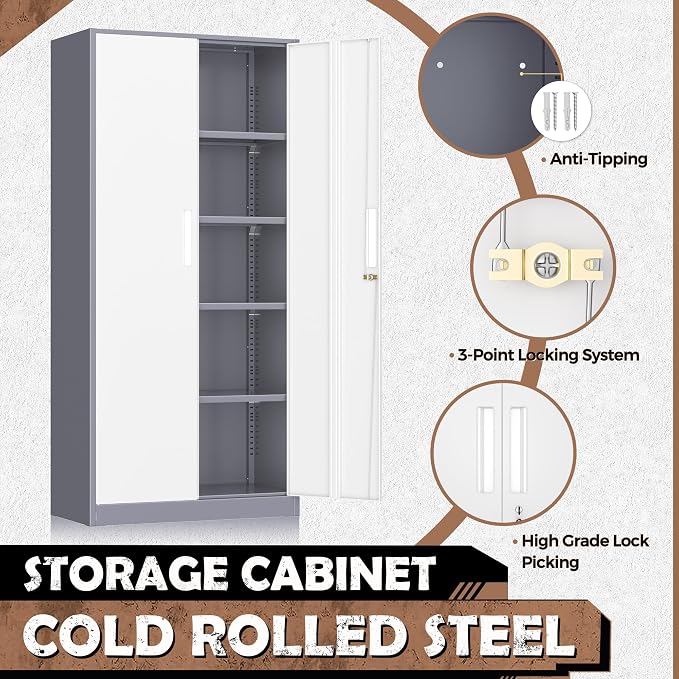INTERGREAT Metal Storage Cabinet, 72” H Storage Cabinet with Doors and Adjustable Shelves for Office, Home, Garage, Pantry (Assembly Required, Grey White)