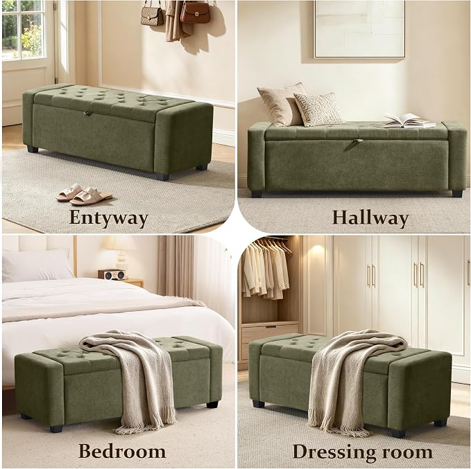 Royal Windsor 48" Ottoman with Storage,Tufted Storage Bench with Safety Hinge,Holds up to 350 lb,Upholstered Bench with Seating for Bedroom,Living Room,Entryway,Linen Green