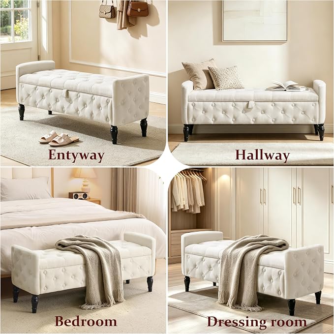 Royal Windsor 48" Ottoman with Storage,Tufted Storage Bench with Safety Hinge,Holds up to 350 lb,Black Wood Legs,Upholstered Bench with Arms for Bedroom,Living Room,Entryway,Linen Beige