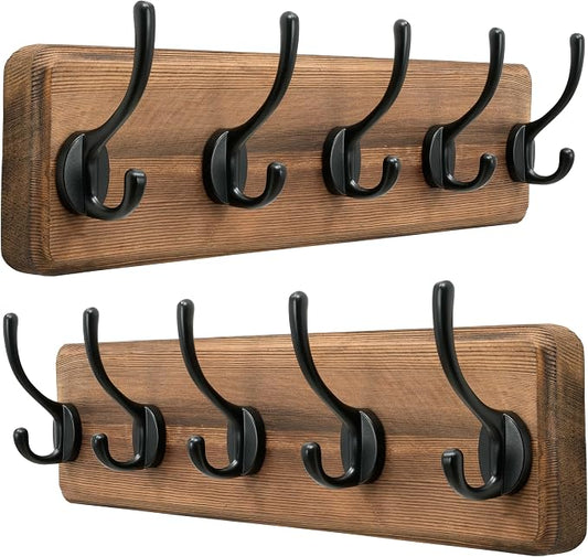 Wall Mounted Coat Rack: Patented, Heavy-Duty, 17.4" Long 5-Double-Hooks Wooden Hanger Rail for Winter Coats, Hat, Jacket, Clothing - Natural & Black, Pack of 2