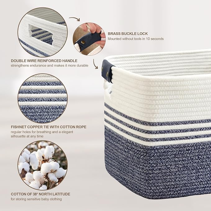 72L Woven Laundry Basket Hamper with Leather Handles,Denim Blue | collapsible wicker hamper, storage for dirty clothes, toys, blankets, gifts, living room, bedroom, bathroom, 22"x17"x12"