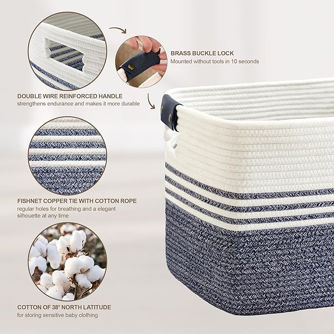 86L Woven Laundry Basket Hamper with Leather Handles,Denim Blue | collapsible wicker hamper, storage for dirty clothes, toys, blankets, gifts, living room, bedroom, bathroom, 24"x16"x14"