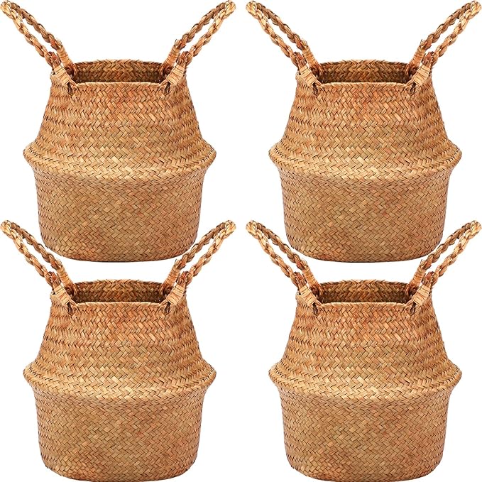 Qunclay 4 Pcs Woven Seagrass Baskets Belly Basket Folding Boho Natural Plant Pot with Handles Round Decorative Wicker Large Indoor Planter for Home Outdoor Tree Planters Decor (S,8.7''dx7.9''h)