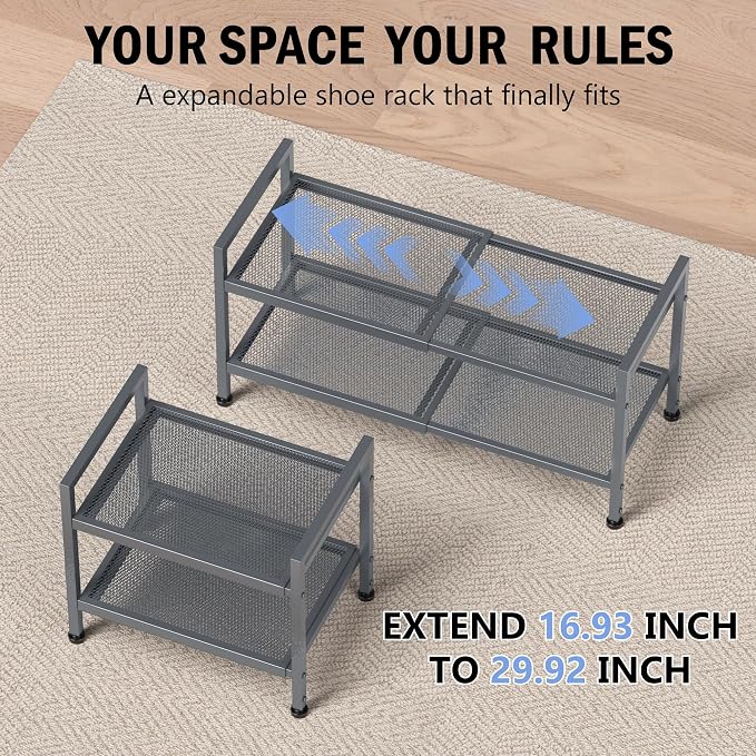 Shoe Rack, Expandable Shoe Rack for Closet, Adjustable Shoe Organizer for Entryway, Shoe Storage Organizer for Door Entrance, Garage, Bedroom (Grey, 2-Tier)