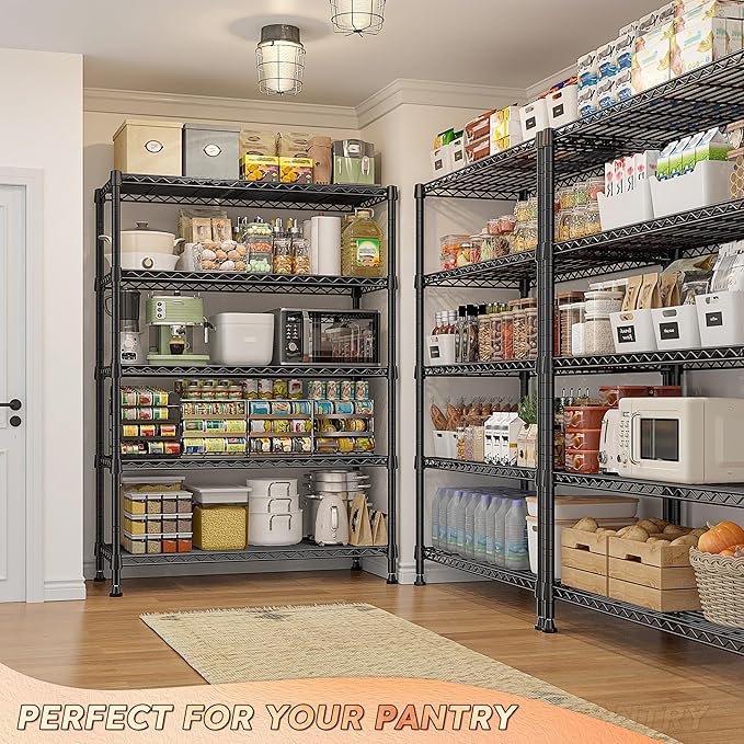 REIBII 5-Tier Storage Shelves 1660LBS Wire Shelving Unit with Wheels | 73''H heavy duty shelves,lock casters or switch to leveling feet, tool-free setup, fits kitchen,pantry,garage,black