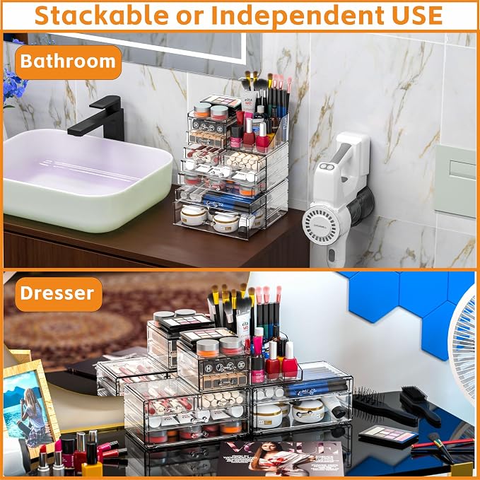 Acrylic Clear Make up Organizers And Storage for Vanity,Bathroom Skincare Organizer With 8 Drawer for Dresser,Plastic Desk Accessories Organization,Cosmetic Organizer Countertop for Beauty,Skin Care