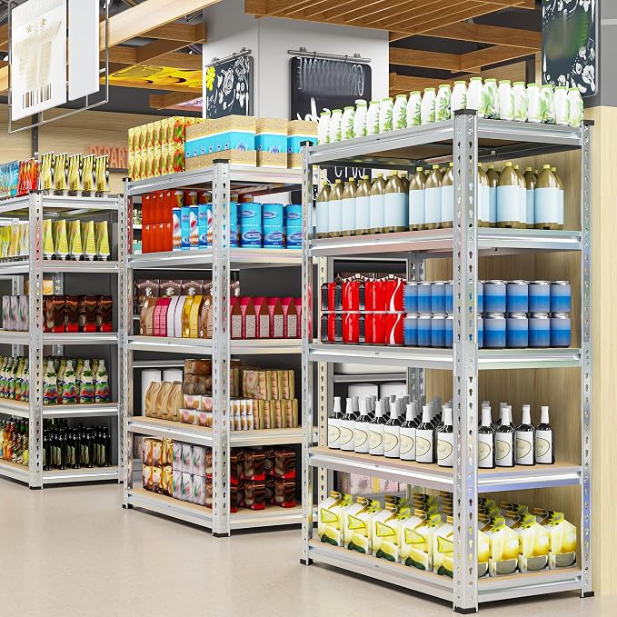 REIBII Garage Shelving, 5 Tier Storage Shelves Load 2400LBS, Adjustable Garage Shelving Heavy Duty, Metal Shelving Unit with Waterproof Columns, 35.5" W x 11.9" D x 72" H, Galvanized, 3 Pack