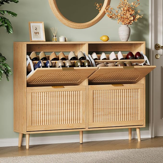 Xixini Shoe Storage Cabinet with 4 Flip Drawers, 36" Tall Narrow Wood Fluted Shoe Organizer for Entryway, Freestanding Wooden Hidden Slim Shoe Rack for Front Door Entrance, Hallway, Foyer, Natural Oak