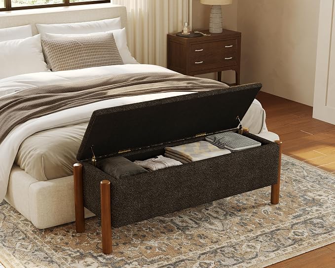 Storage Ottoman Bench, End of Bed Bench for Bedroom, 47" Boucle Upholstered Entryway Shoe Seat Bench, Holds up to 660 lb Storage Ottoman, Padded Blanket Chest Stool Foot Rest for Living Room Black