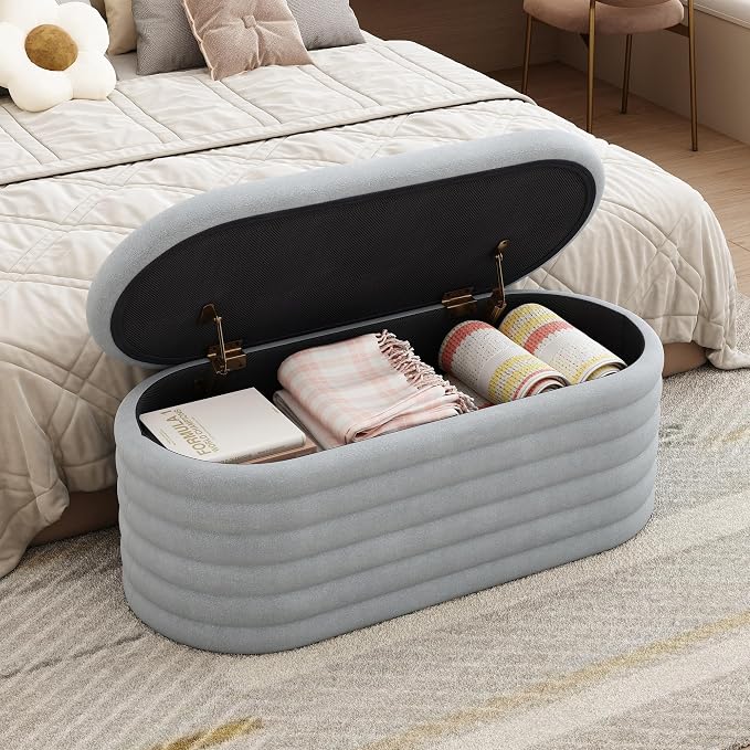 Ball & Cast Storage Ottoman Bench, 40" Chenille Upholstered Storage Bench for Bedroom End of Bed,Oval Ottoman with Storage,Entryway Bench with Safty Hinges for Living Room,Light Grey